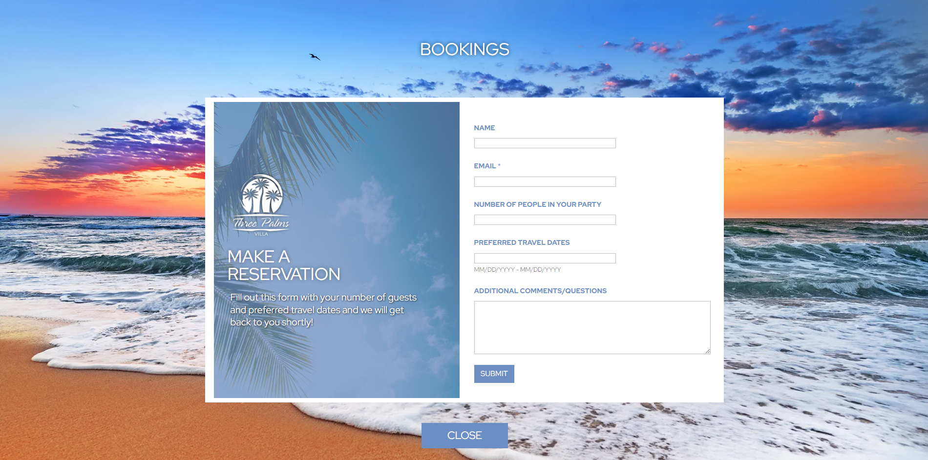 Three Palms Villa Website Reservation Form Still