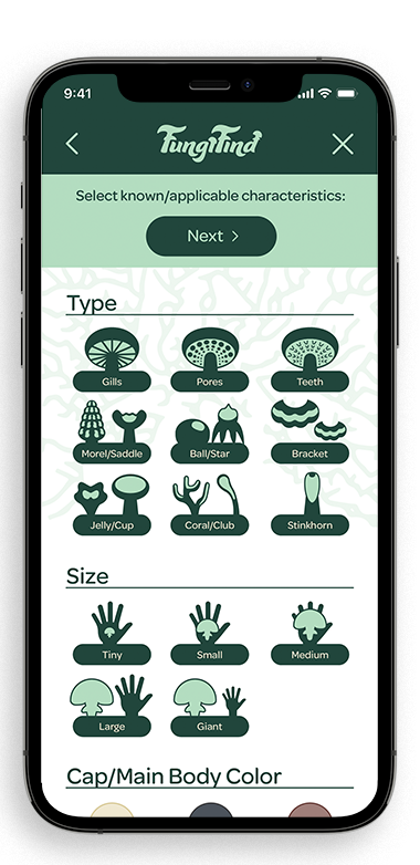 FungiFind Characteristics Screen